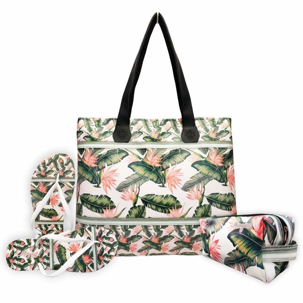 Kit Tropical Feminino Folhas com Bolsa, Necessaire e Chinelo, Magicc