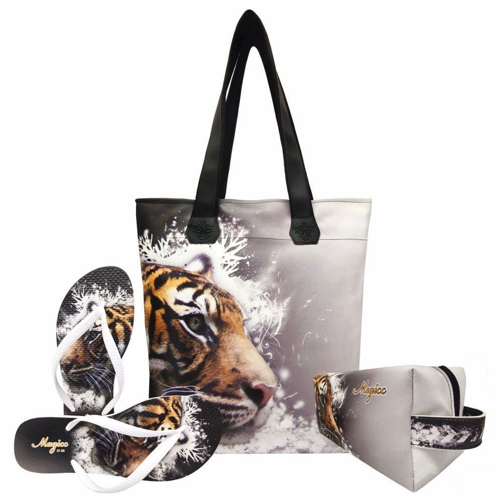 Kit Selva Feminino Tigre com Bolsa, Necessaire e Chinelo, Magicc