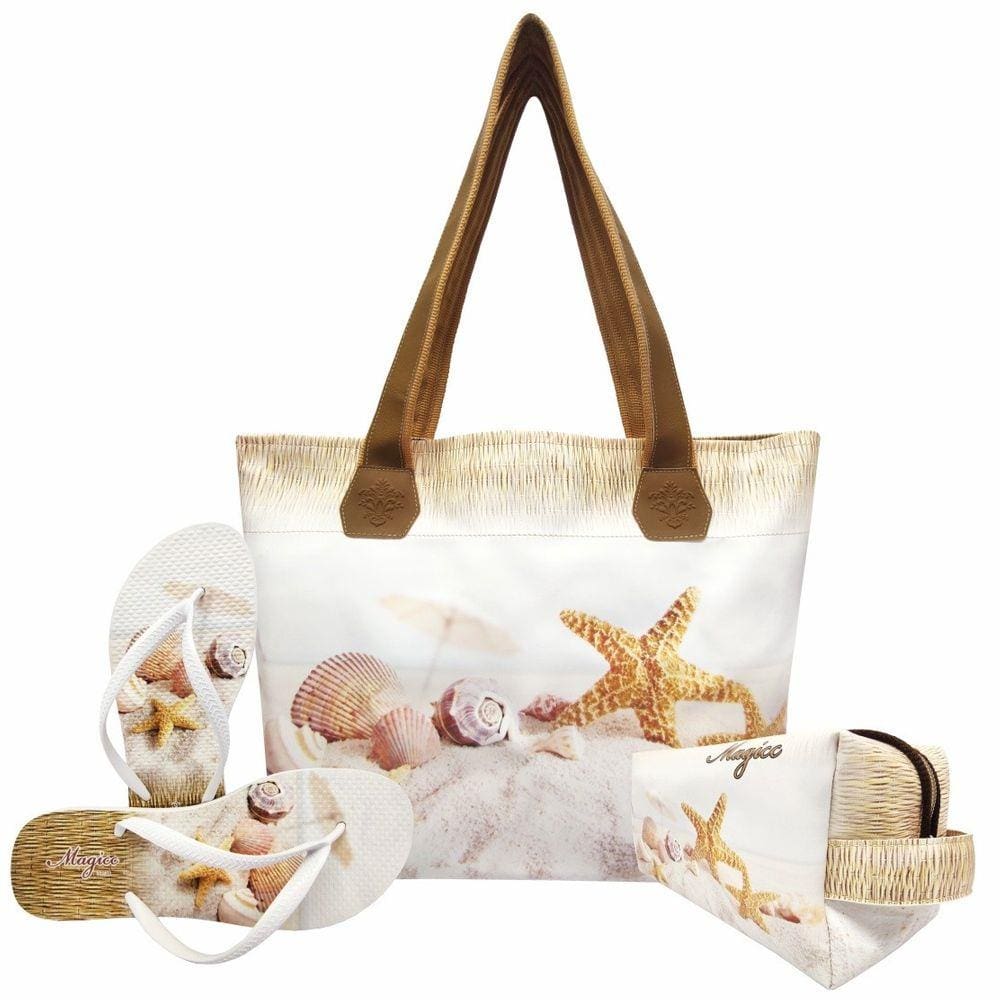 Kit Praia Feminino Estrela-do-Mar Areia Bolsa, Necessaire e Chinelo, Magicc Bolsas