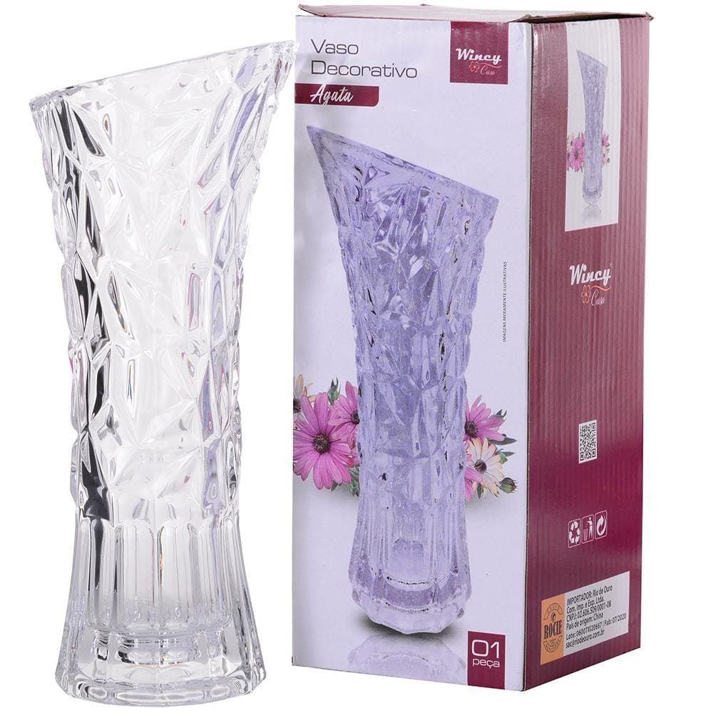 Vaso De Vidro Relevo Agata 24X10Cm Na Caixa