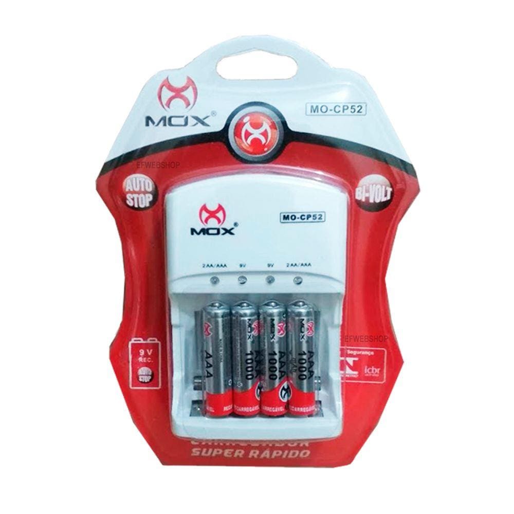 Carregador Com 4 Pilhas Mox Aaa 1000Mah Bivolt Cp52