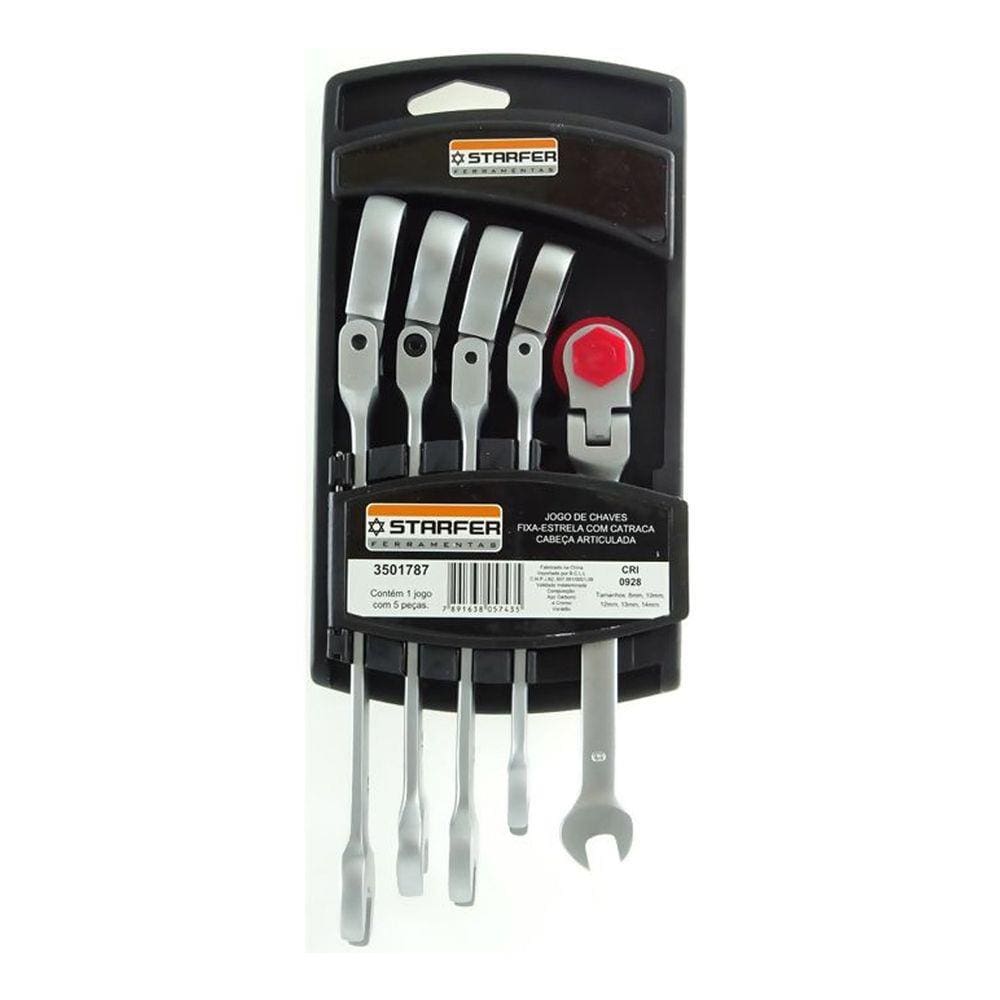 Kit 5 peças Chave Fixa Estrela Catraca Cabeça Articulada 8 à14mm - Starfer