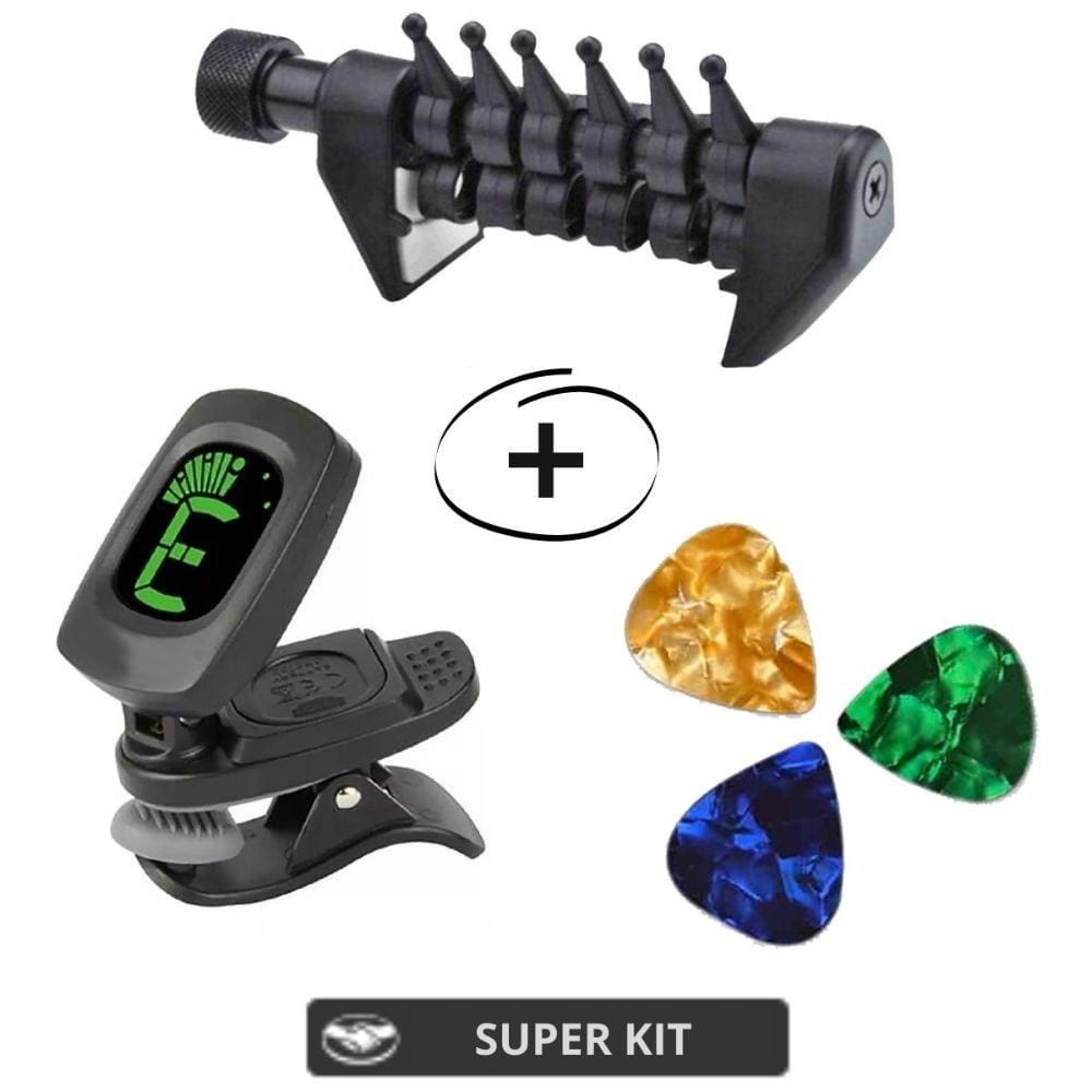 Kit com Afinador Clipe Cromático + Capotraste PHX PHX-20 Flexi Cordas Individuais + 3 palhetas