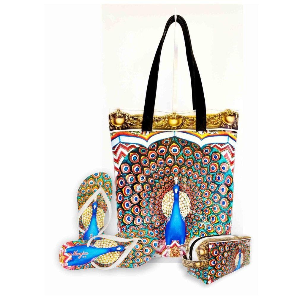 Kit Tropical Feminino Pavão Azul com Bolsa, Necessaire e Chinelo, Magicc
