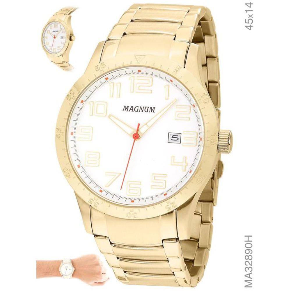 Relógio Magnum Masculino Ma34987X Dourado Kit Pulseira Couro em