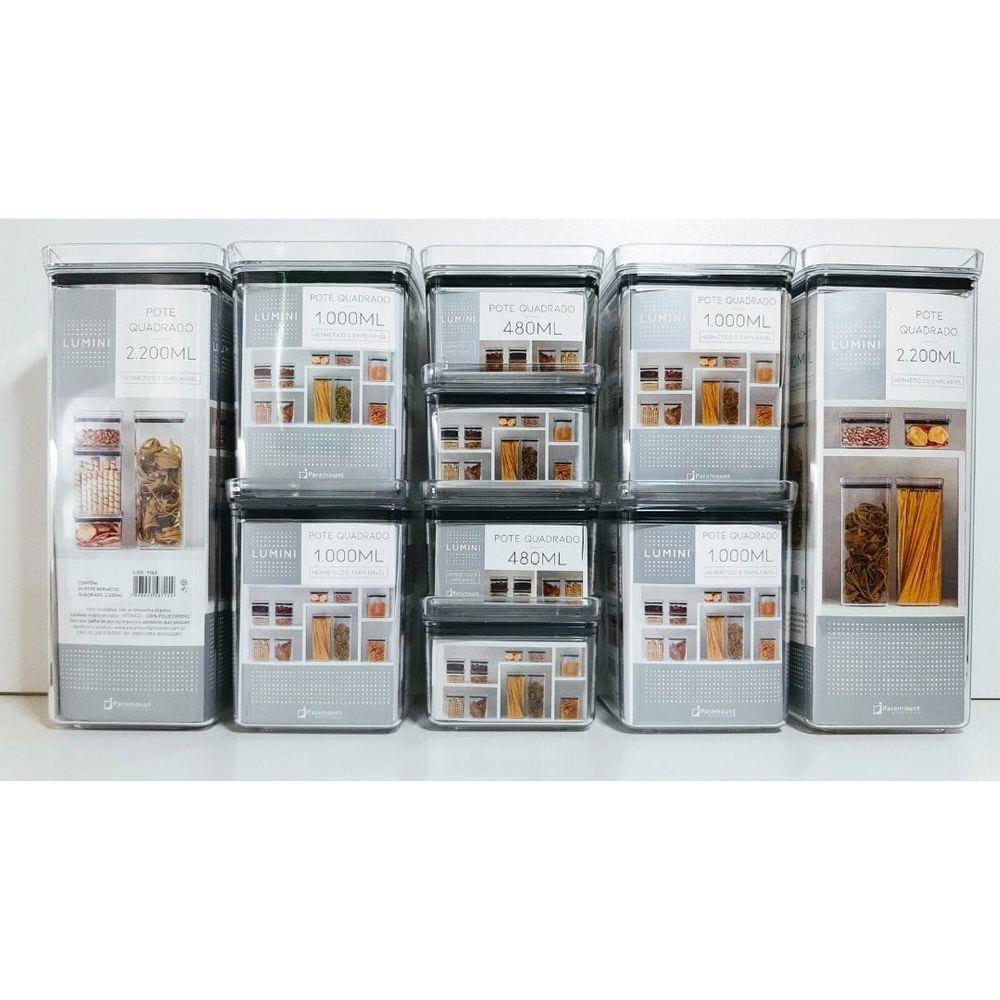 KIT 10 Potes Herméticos Quadrados 480/1000/2200ml Empilhável Paramount