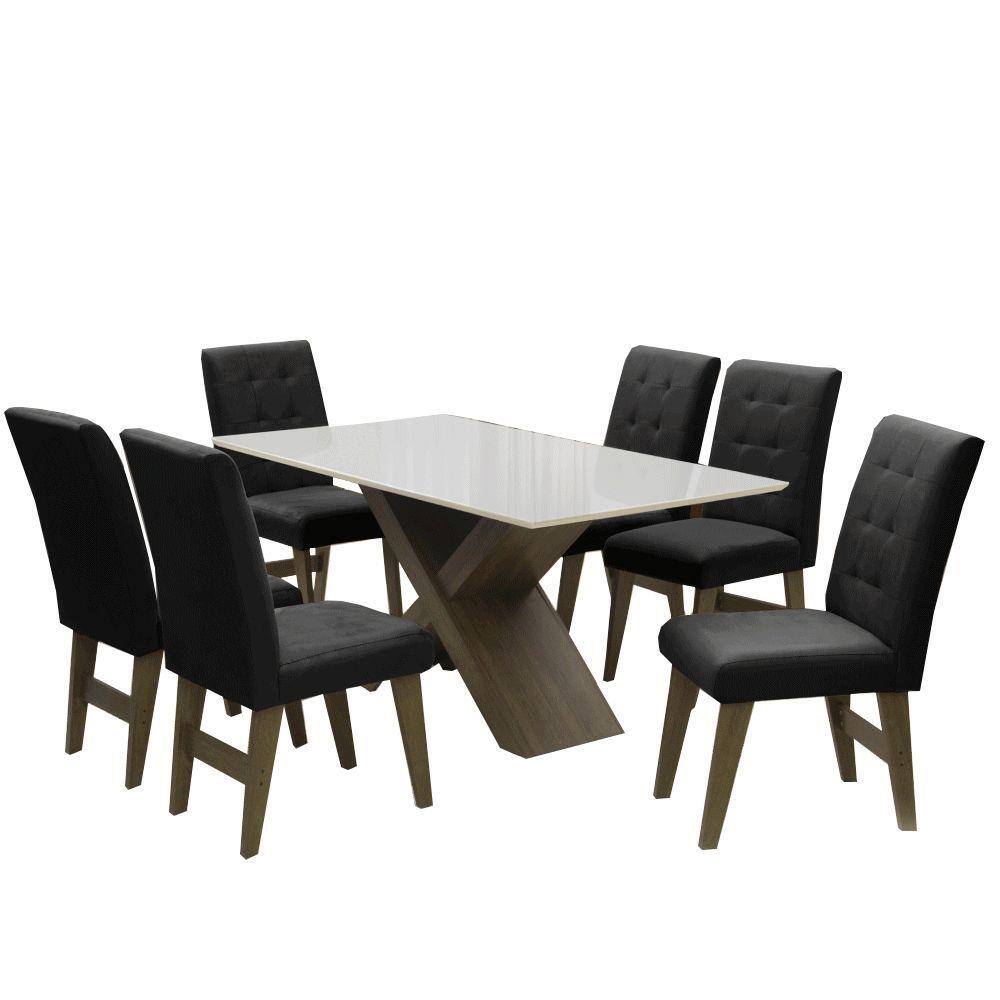 Conjunto De Mesa Para Sala de Jantar Off White Dubai 1,80m MDF com 6 Cadeiras Castanho / Preto - Marrom