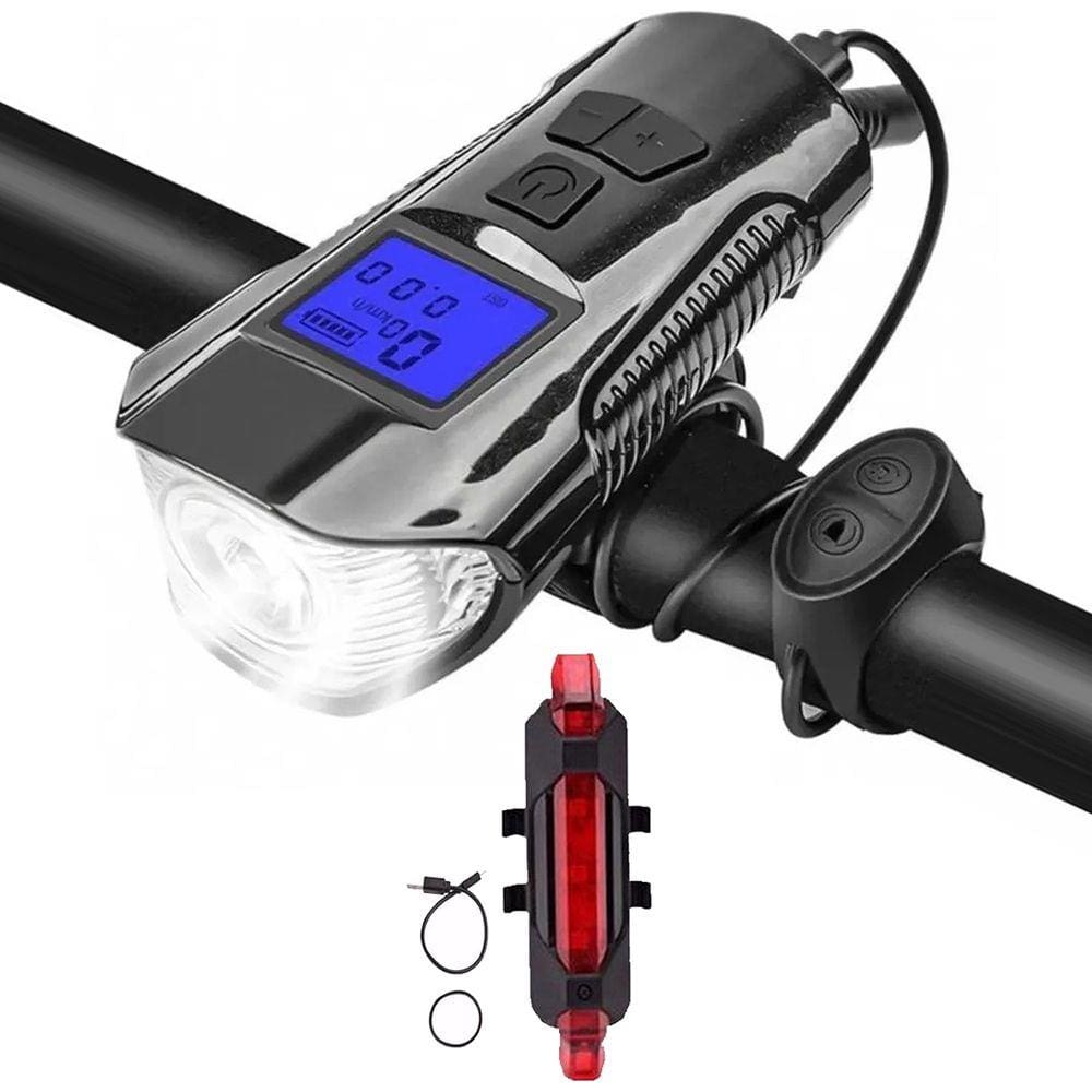 Farol Led Para Bike Bicicleta Recarregável Com Buzina E Ciclocomputador Digital