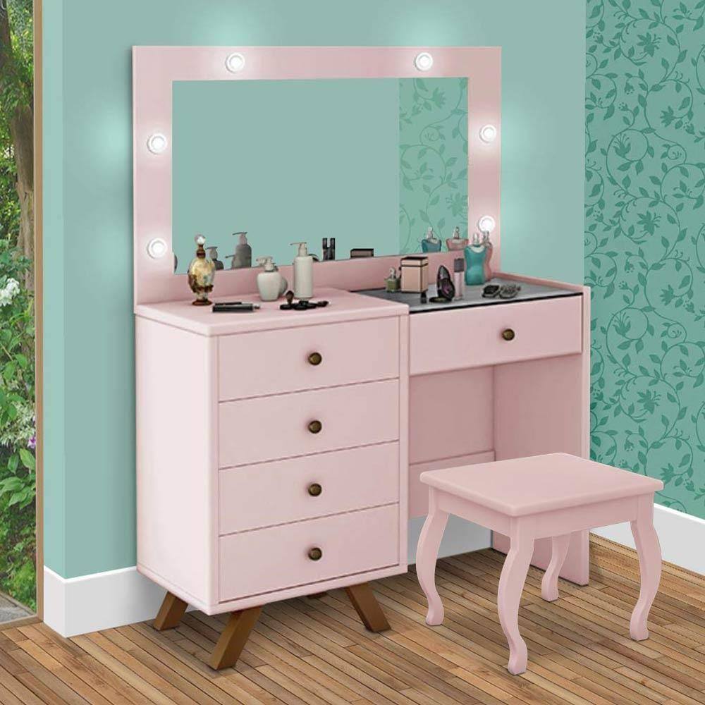 Penteadeira Camarim Com Led E Banqueta Rosê - Rosa