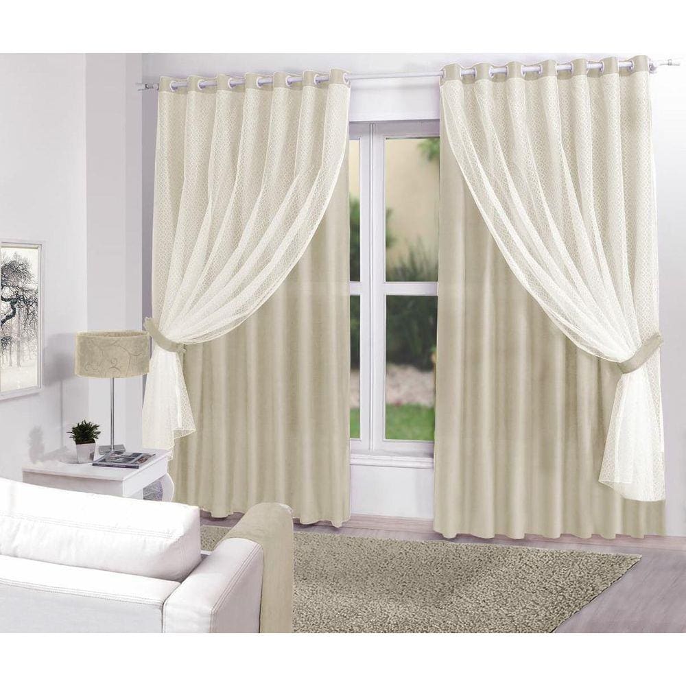 Cortina Creme Tecido Com Renda 3,00 X 2,70M