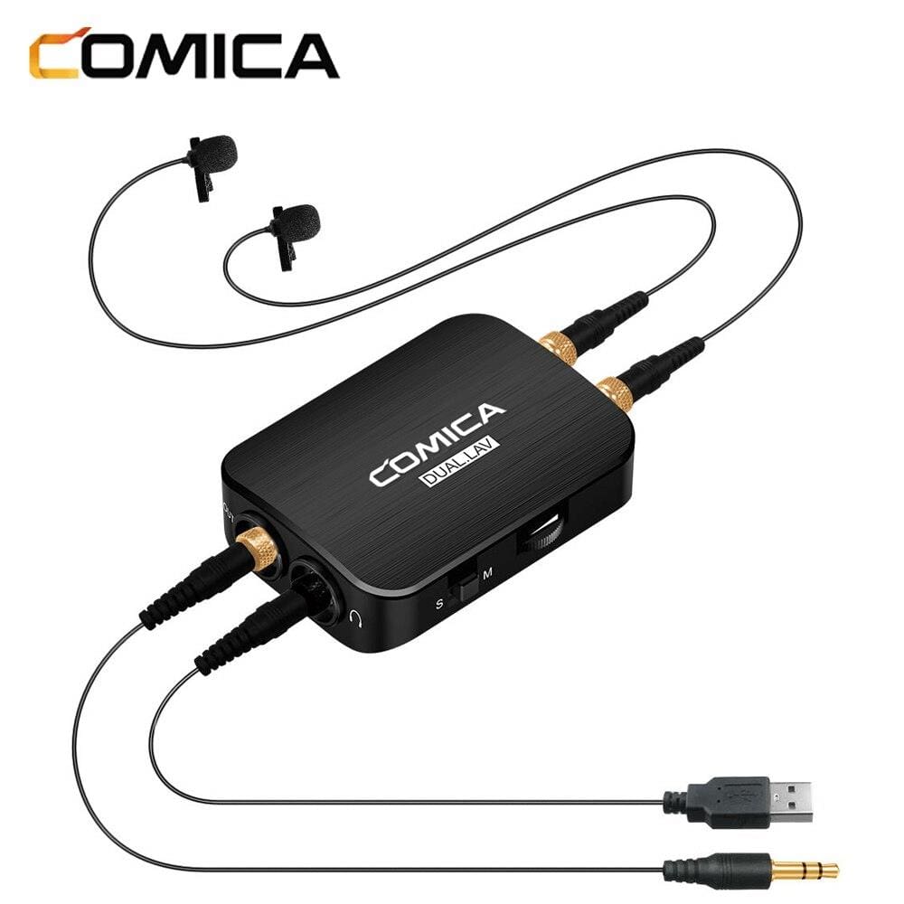 Microfone Lapela Duplo Profissional Comica Dual.Lav-D03 Condensador TRss 3.5mm para Câmeras e SmartPhones