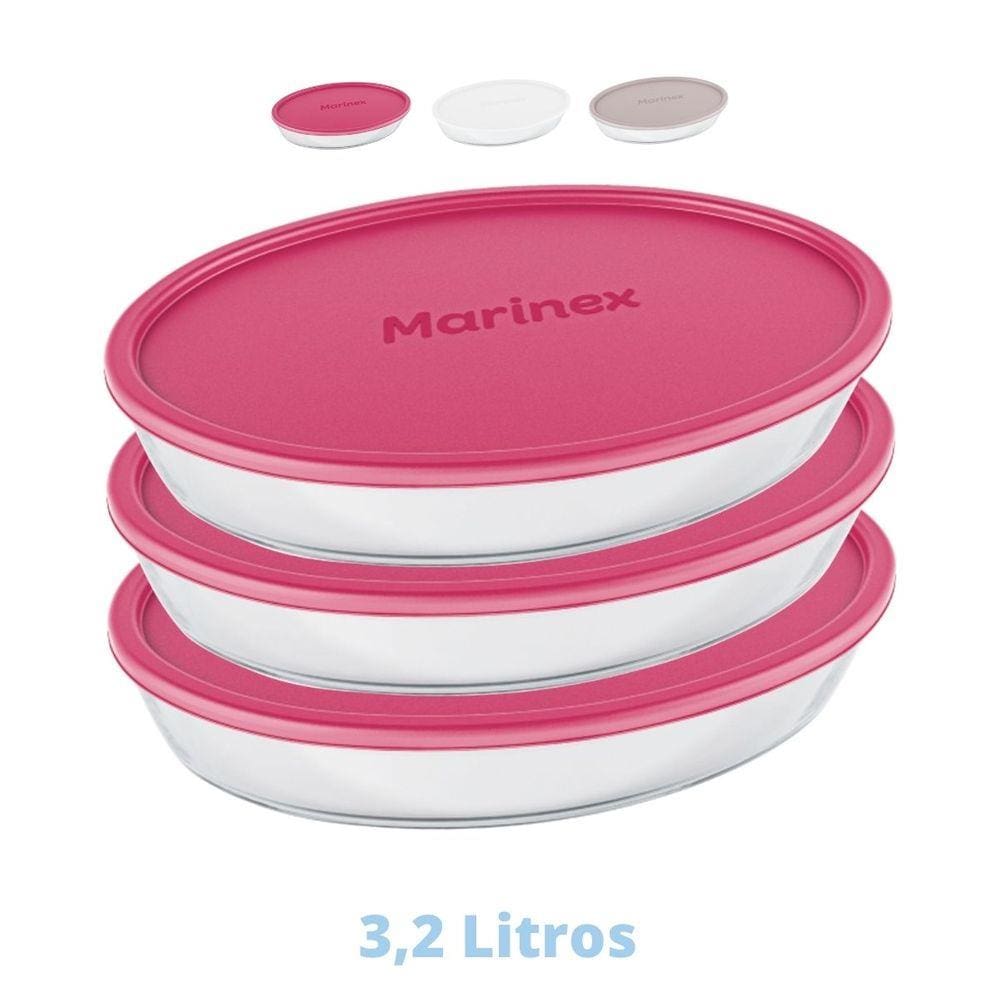 3 Assadeiras Oval Vidro 3,2L Costela Doces Marinex Com Tampa