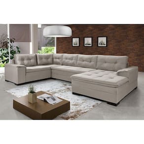 Sofá de Canto 6 Lugares Com Chaise Suede Aveludado Viena Império Estofados Cinza