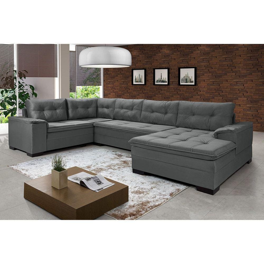 Sofá de Canto 6 Lugares Com Chaise Suede Aveludado Viena Império Estofados