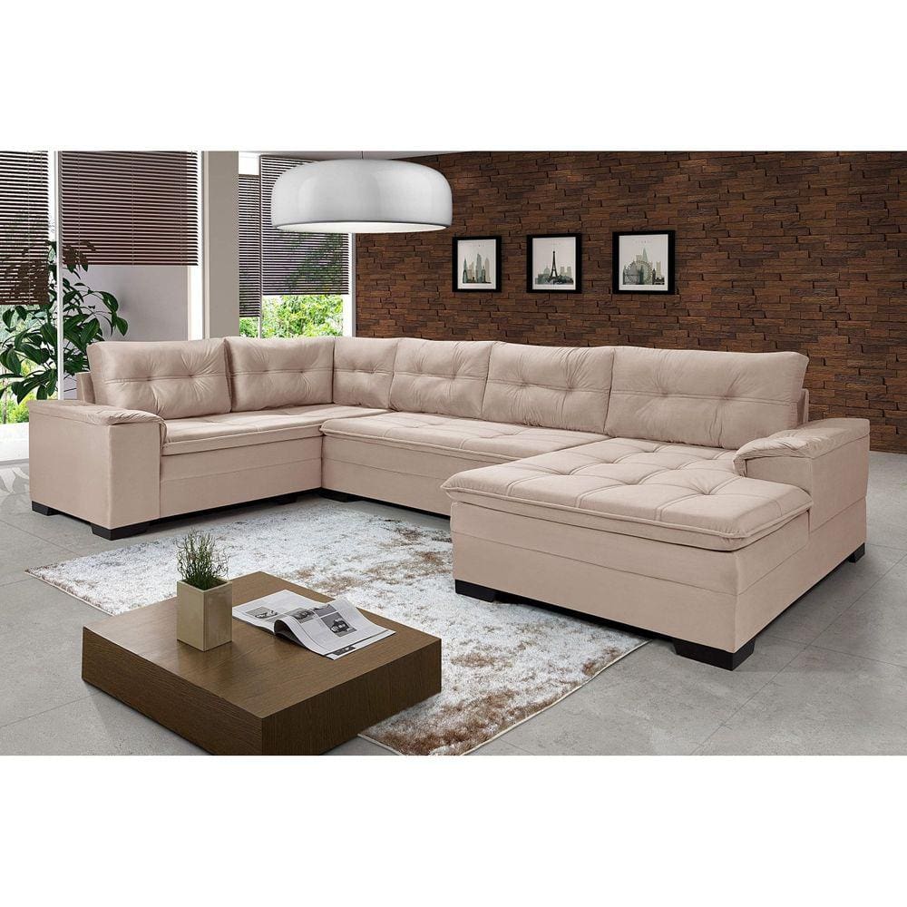 Sofá de Canto 6 Lugares Com Chaise Suede Aveludado Viena Império Estofados Areia