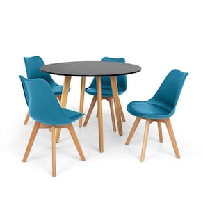 Conjunto Mesa de Jantar Laura 100cm Preta com 4 Cadeiras Eames Wood Leda - Turquesa