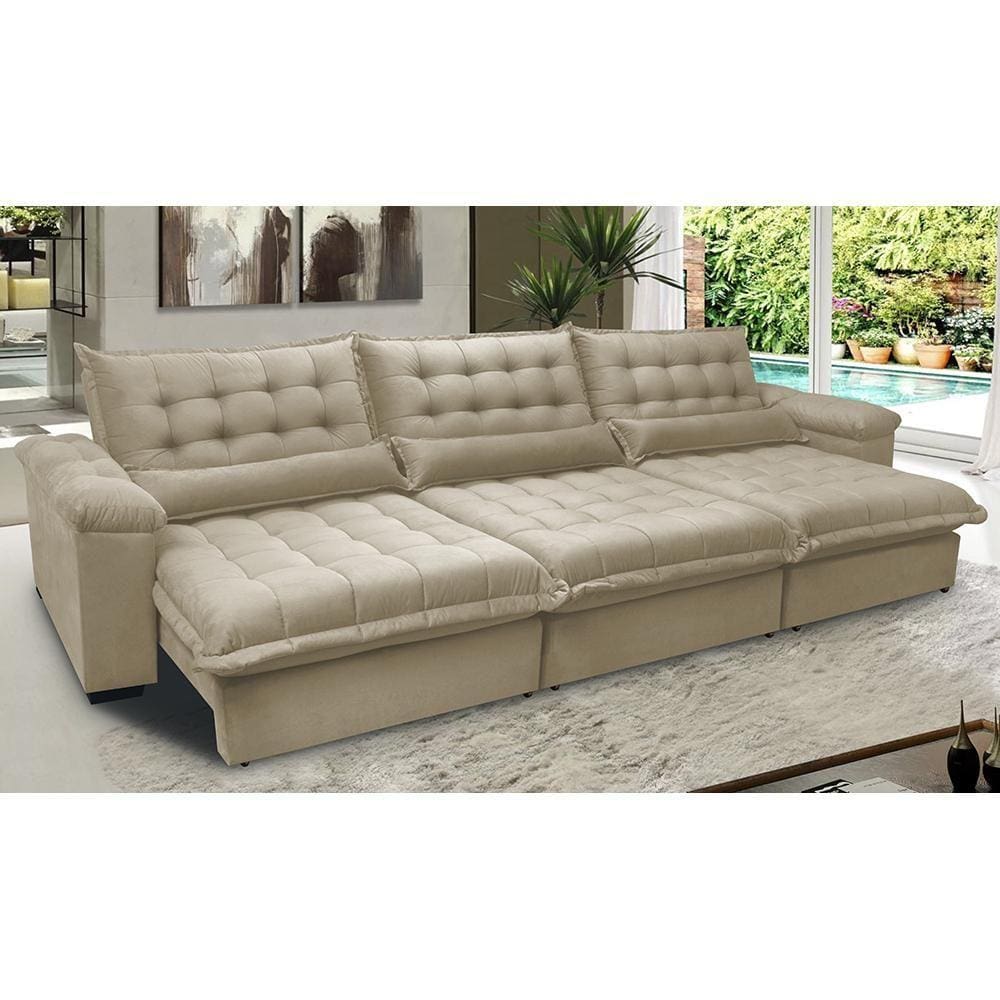 Sofá Retrátil e Reclinável 3,22m com Molas Ensacadas Cama inBox Aconchego Tecido Suede Bege