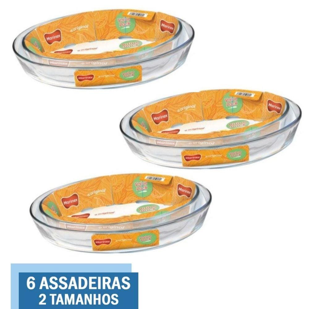 Kit 6 Assadeiras Travessa Vai ao Forno Vidro 3,2L 4L Marinex
