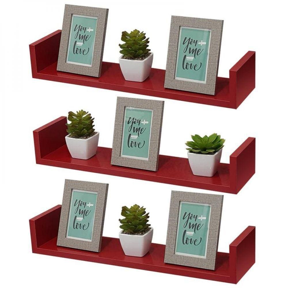 Kit com 3 Prateleiras em U 90X10cm Vermelha com Suporte Invisível