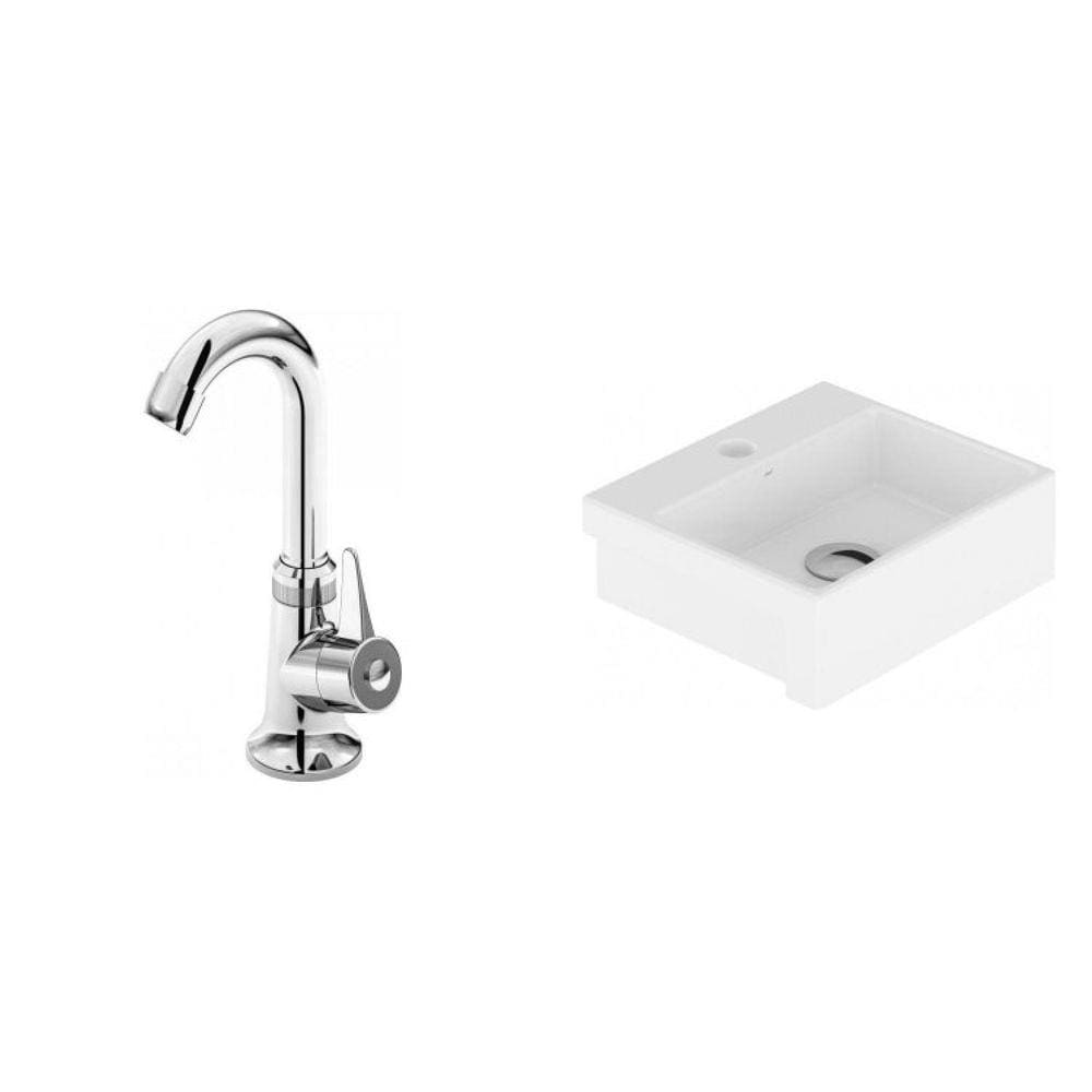 Conjunto para Banheiro Cuba de Semi-Encaixe Roma 11,5cmx33cmx29cm e Torneira Bica Móvel 1/4V Japi Branco