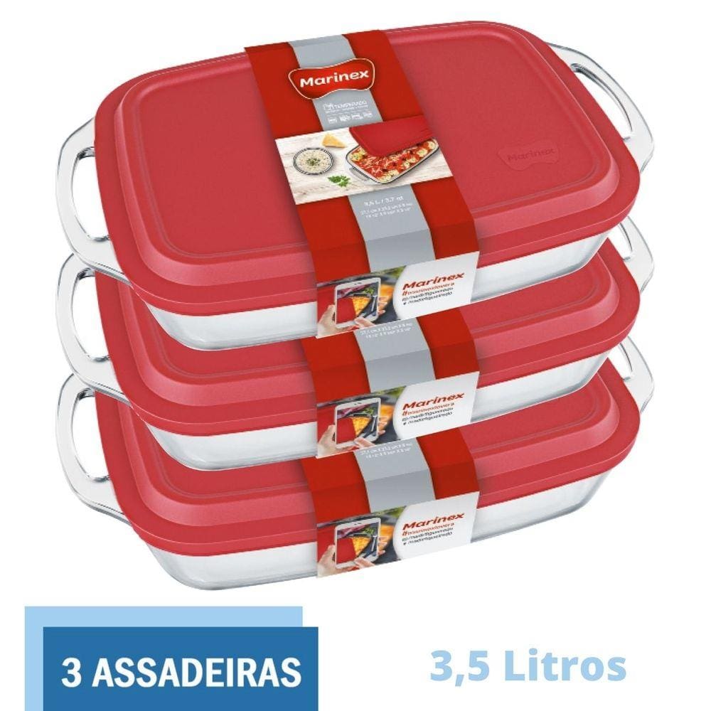 Assadeira Alta Retangular Vidro C Tampa 3,5L Marinex - 3 Un