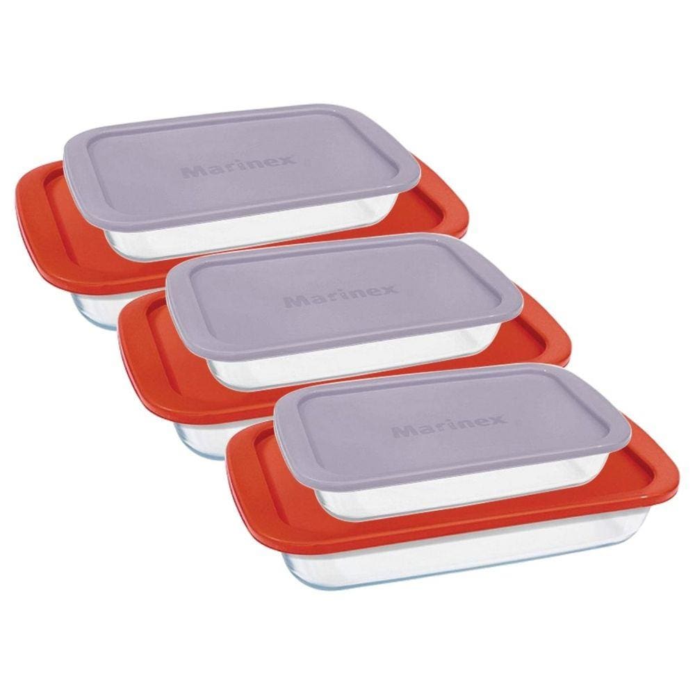 6 Assadeiras Vidro Retangular Com Tampa 2 Tamanhos Marinex
