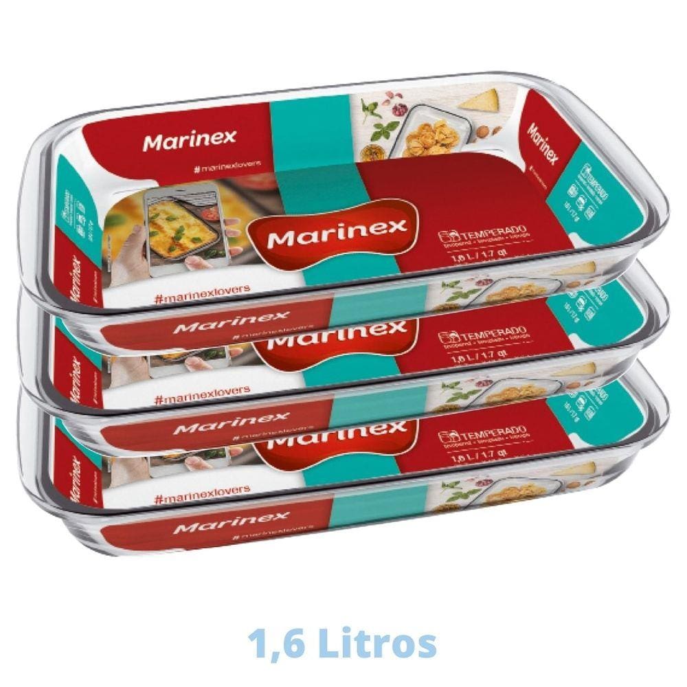 Assadeira Retangular Vidro Torta Doces 1,6L Marinex - 3 Un