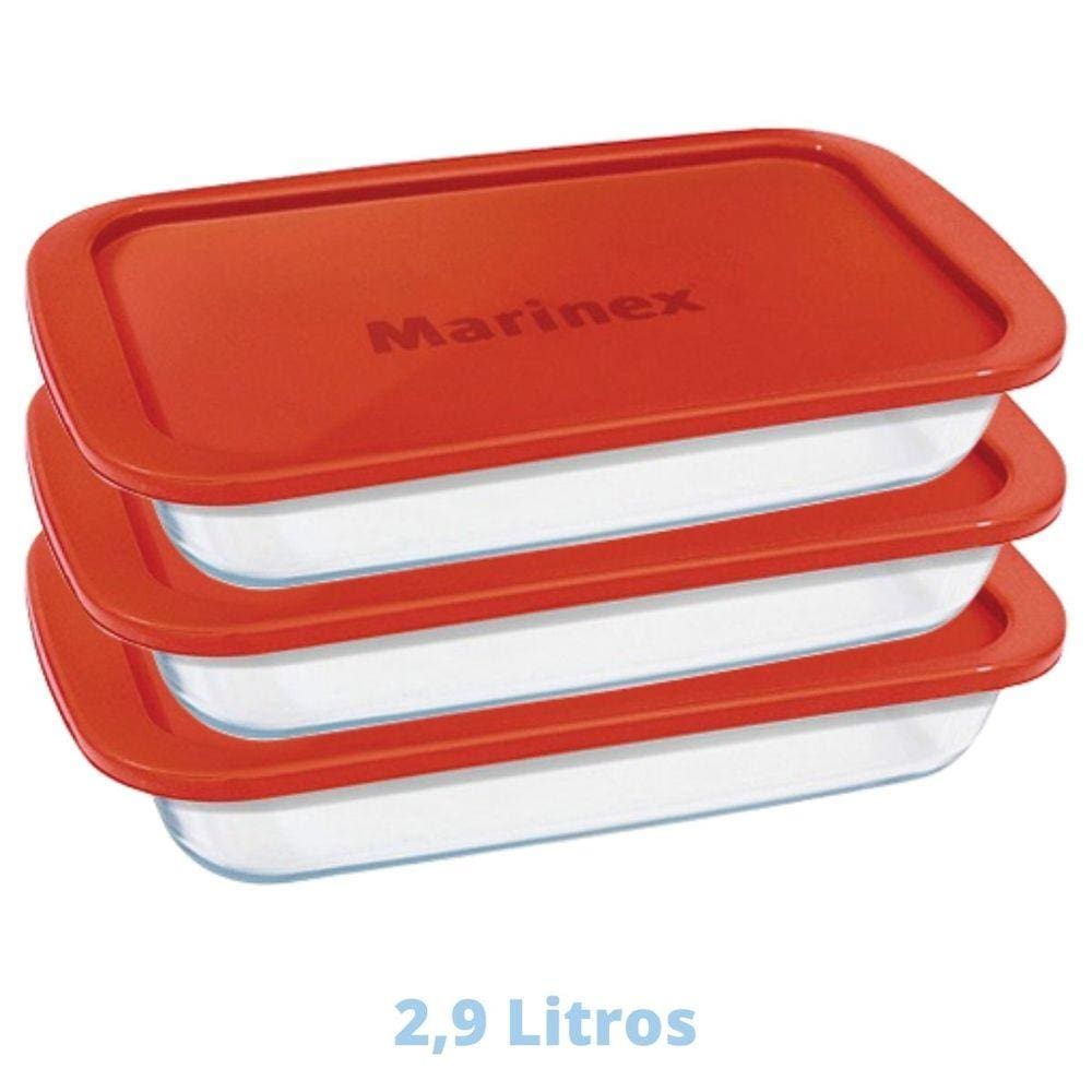 3 Assadeiras Travessas Vidro C Tampa 2,9L Retangular Marinex