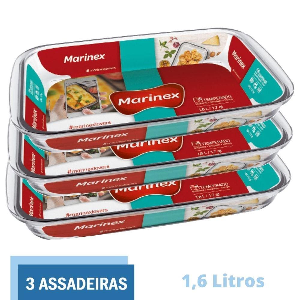 3 Assadeiras Travessas Vidro 1,6L Retangular Nadir Marinex