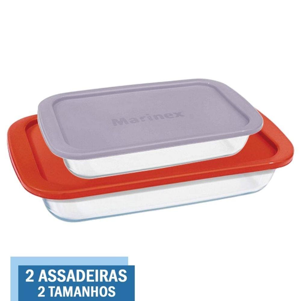 Kit 2 Assadeiras Retangular Vidro C Tampa 1,6L 2,9L Marinex