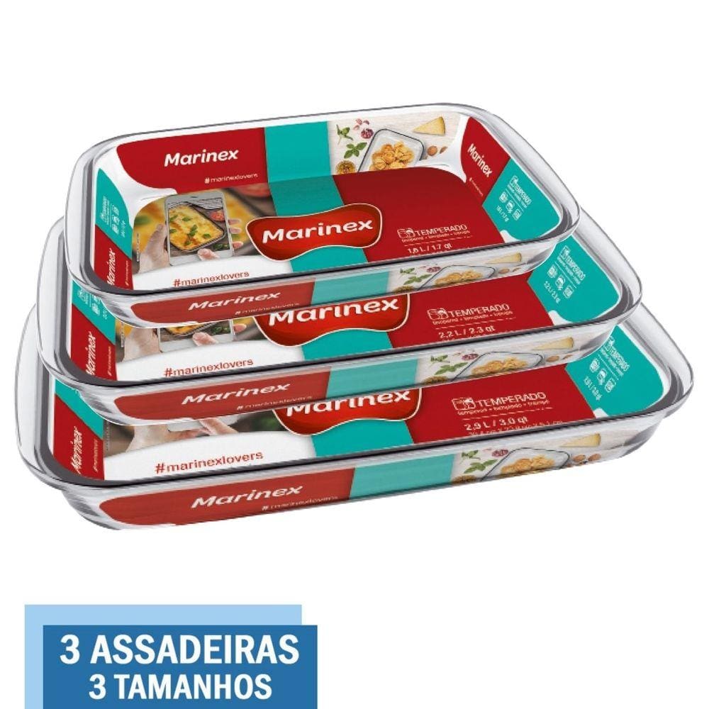 3 Assadeiras Travessas de Vidro Retangular 3 Tamanhos Nadir