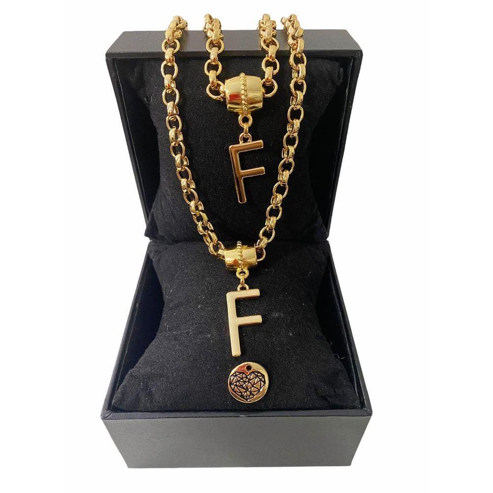 Colar + Pulseira Elo Português Grosso 6mm Letra "F"