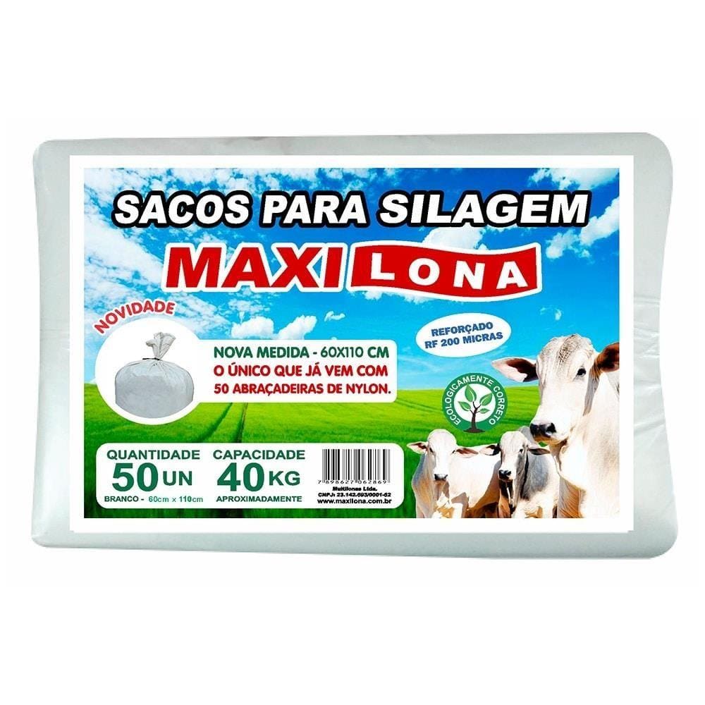 Saco para Silagem Maxi Lona Branco 60 x 110cm + Abraçadeiras Nylon 200 Micras Embalagem com 50 Unidades