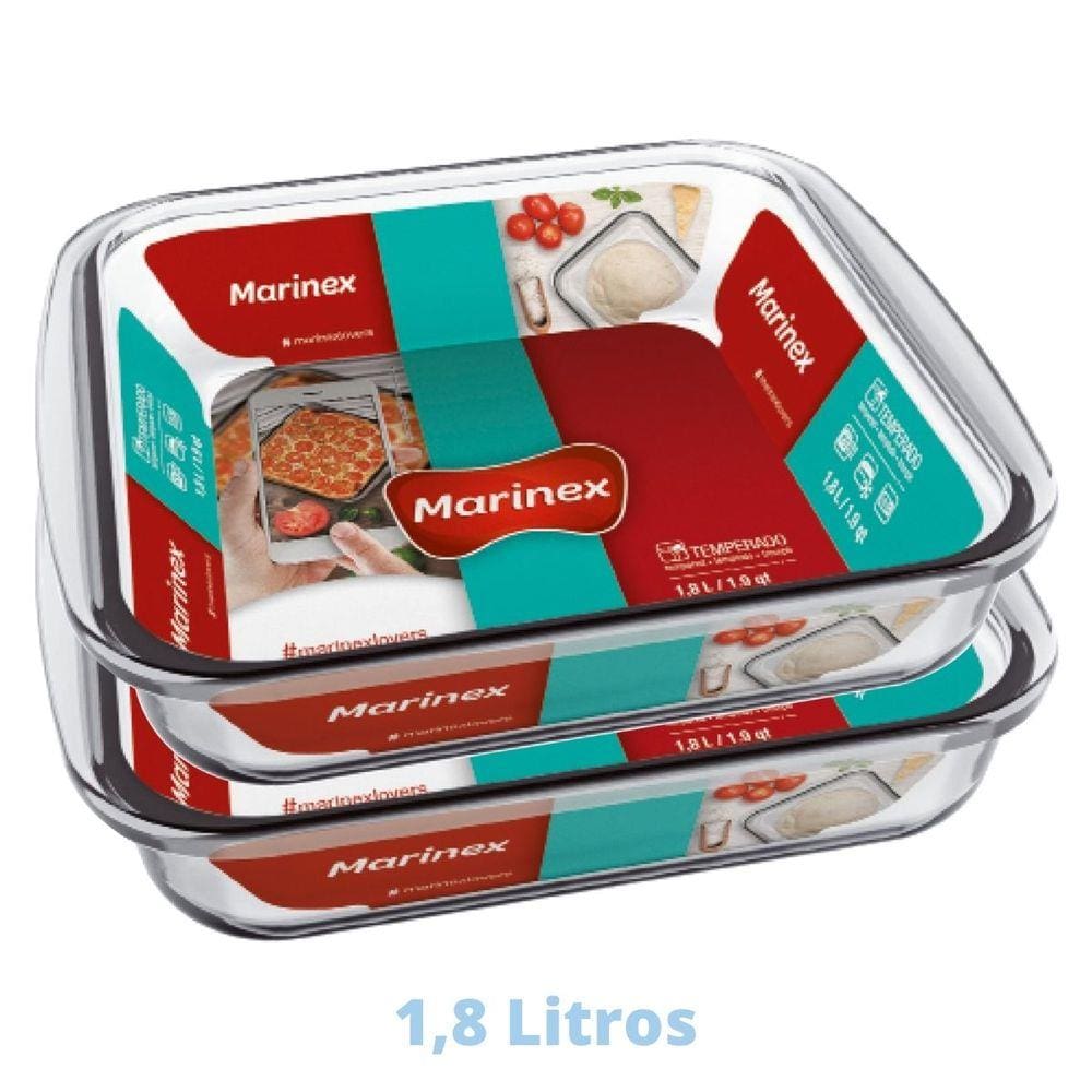 2 Assadeiras Travessa 1,8L Quadrada Vidro Temperada Marinex