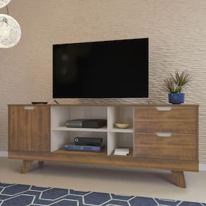 Rack Michigan Off White/Carvalho para TV até 60 Polegadas 04 Portas 02 Gavetas e Pés de Madeira - Artely