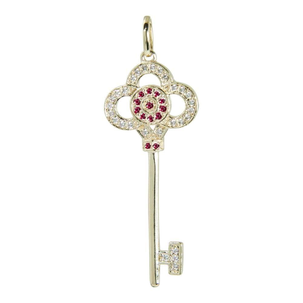 Pingente Prata c/ Ouro 18K Chave com Zircônia Vermelha 37x15mm