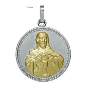 Pingente Aço Sagrado Coração de Jesus Redondo 50mm com Ouro
