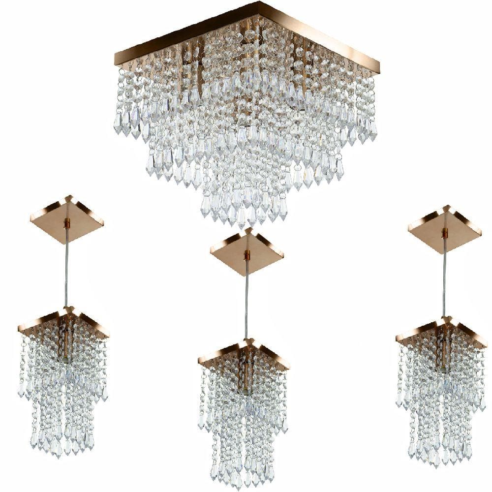 Kit 1 Lustre Cristal Acr. Sweet + 3 Pendentes Spark Cobre