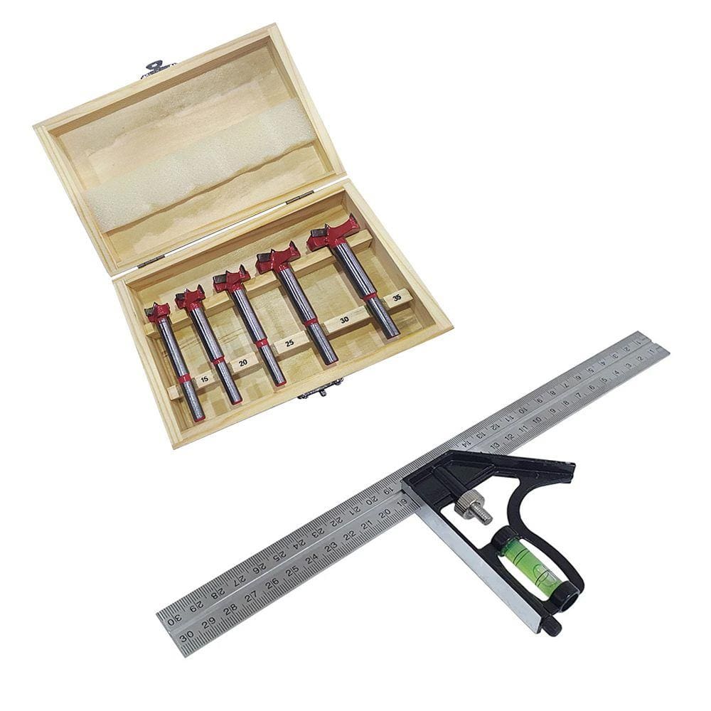 Kit 5 Broca Forstner de Videa + Esquadro Combinado C/ Nível