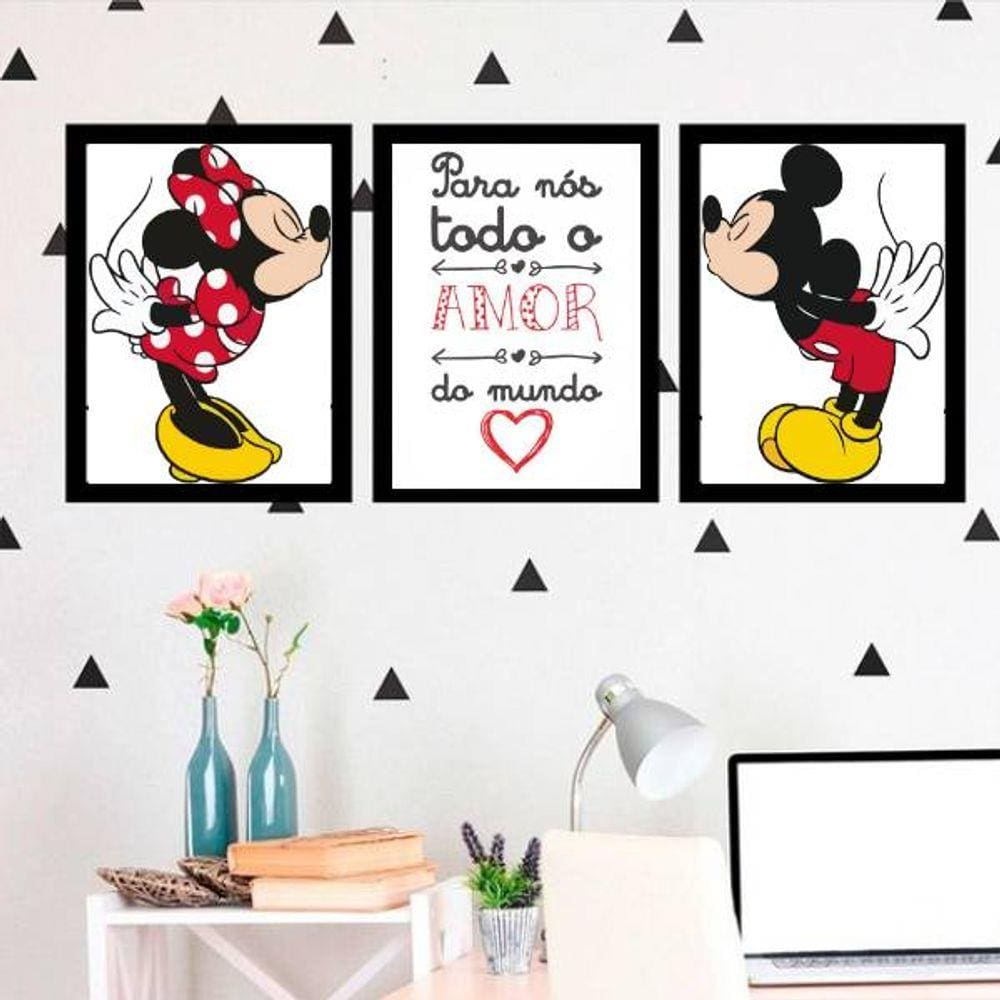 Kit 3 Quadros Decorativos Mickey e Minnie Todo o Amor