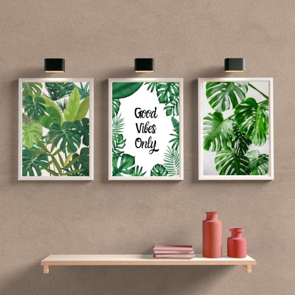Kit 3 Quadros Decorativos Folhagens Good Vibes Only