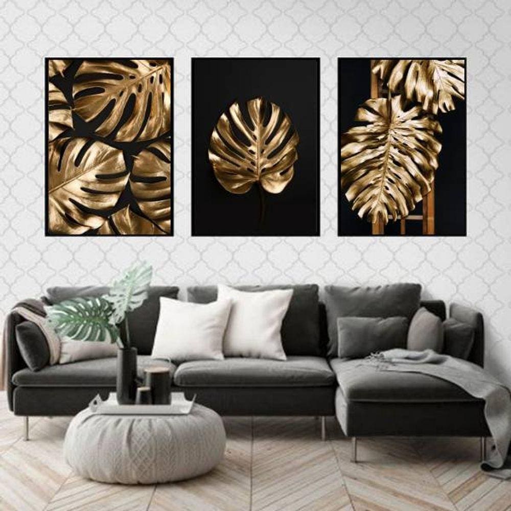 Kit 3 Quadros Decorativos Folhas Douradas