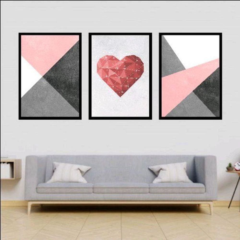 Kit 3 Quadros Decorativos Coração Geométrico