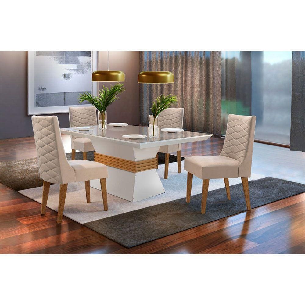 Sala De Jantar Lucy 120 Tampo MDF Vidro Com 4 Cadeiras Safira Rufato
