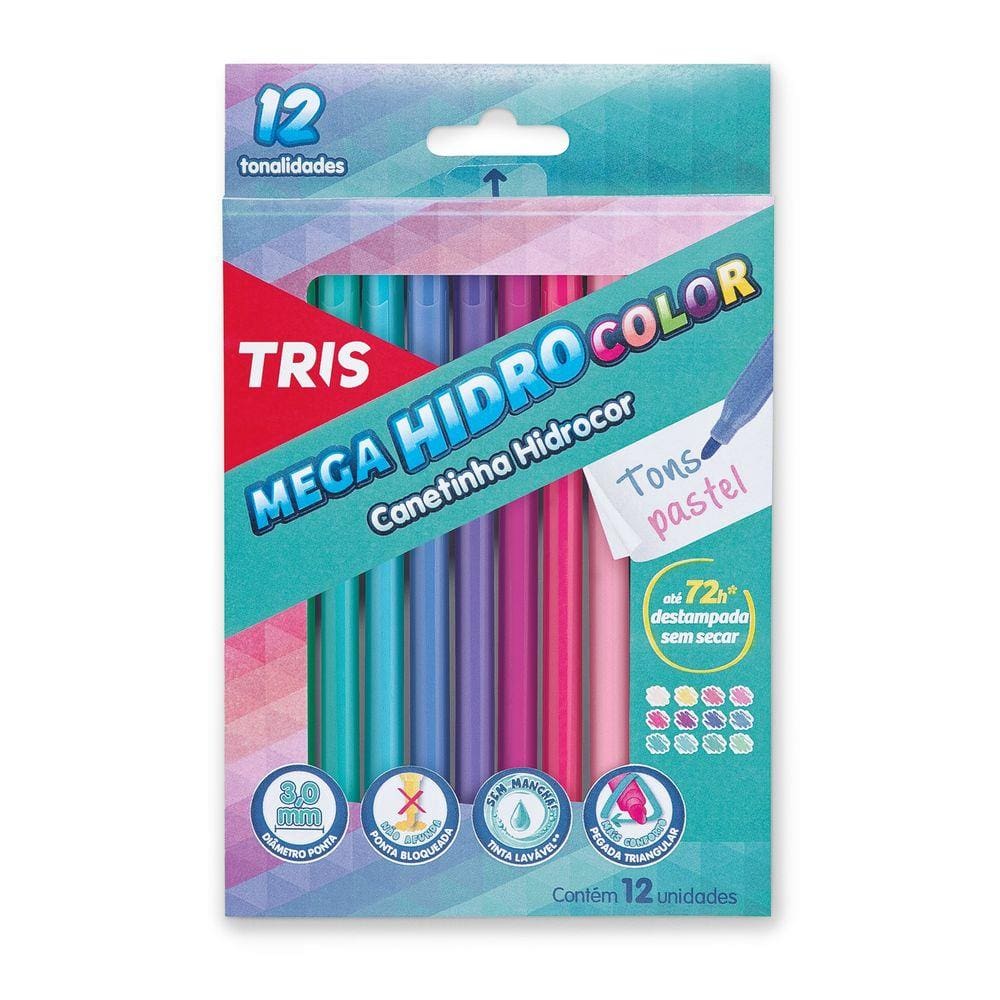 Canetinha 12 Cores Para Pintar Mega Hidrocolor Tons Pastel Tris