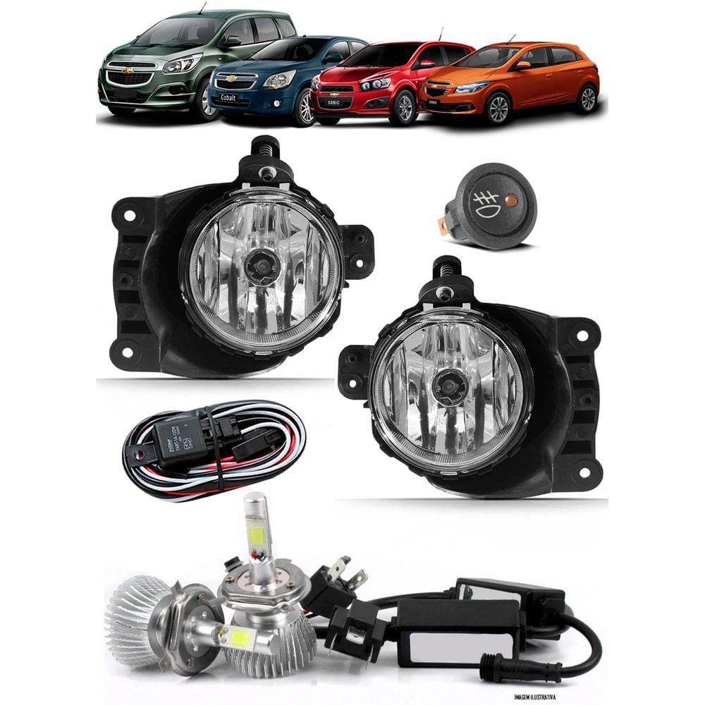 Kit Farol de Milha Neblina Chevrolet Cobalt Spin Novo Prisma Onix LT LTZ 2013 á 2018 + Kit Lâmpada Super LED 6000K - Botão Alternativo