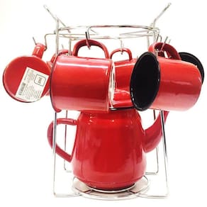 Jogo Bule e Mini Canecas Esmaltado com Suporte Cromado 8 Pç