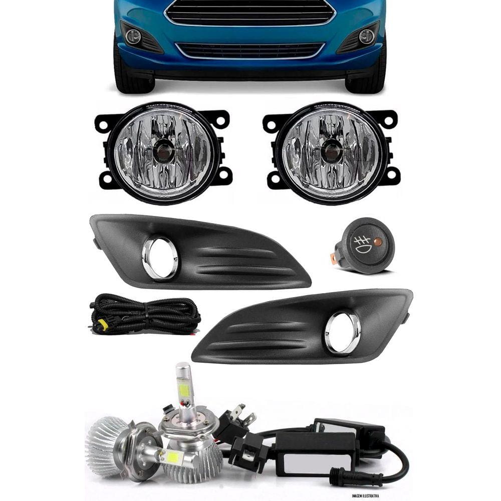 Kit Farol de Milha Neblina Ford New Fiesta 2013 2014 2015 2016 2017 Botão Alternativo + Kit Lâmpada Super LED 6000K