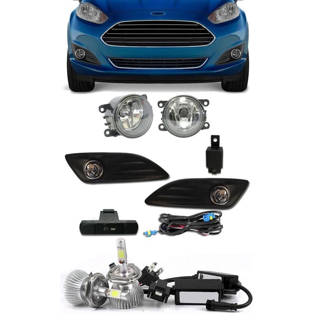 Kit Farol de Milha Neblina Ford New Fiesta 2013 2014 2015 2016 2017 Botão Painel + Kit Lâmpada Super LED 6000K