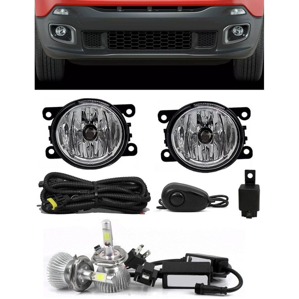 Kit Farol de Milha Neblina Jeep Renegade - Interruptor Alternativo + Kit Lâmpada Super LED Headlight H11 6000K 12V e 24V 32W 2200LM